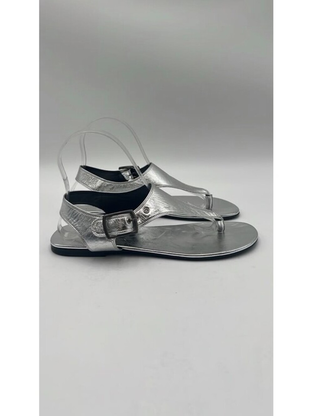 Women’s Yves Saint Laurent Leather T-Strap Sandals Silver Leather Size 38.5